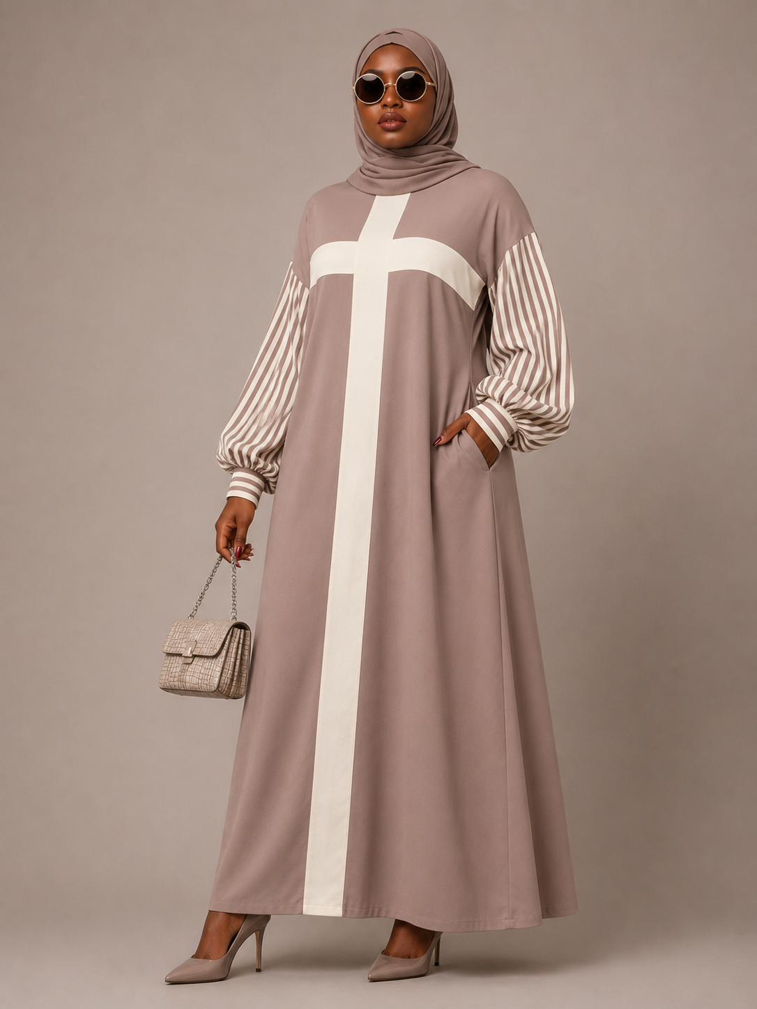 Taupe Contrast Stripe Sleeve Maxi Gown