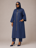 Blue Zip-Front Long Tunic & Pants Set