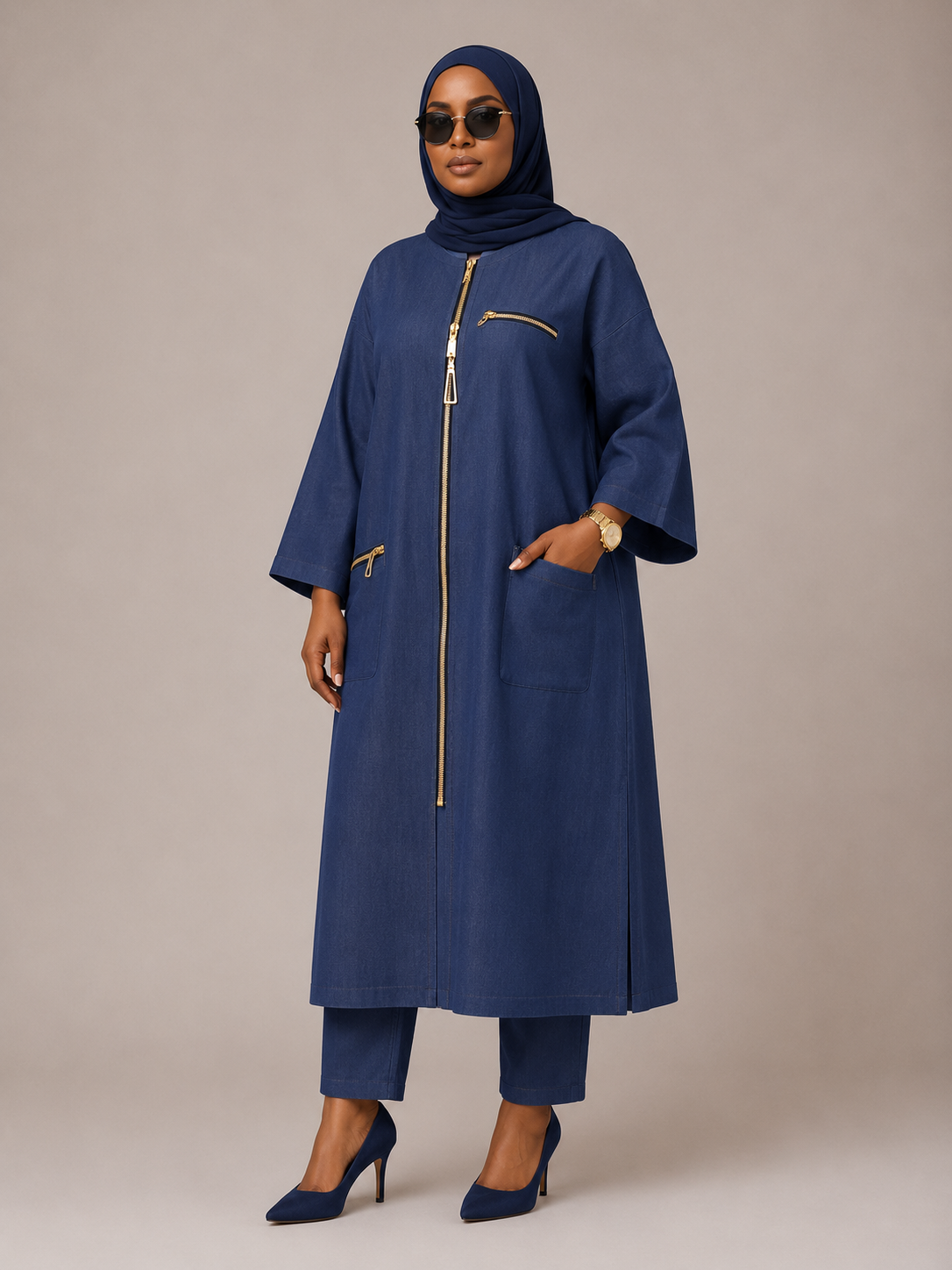 Blue Zip-Front Long Tunic & Pants Set