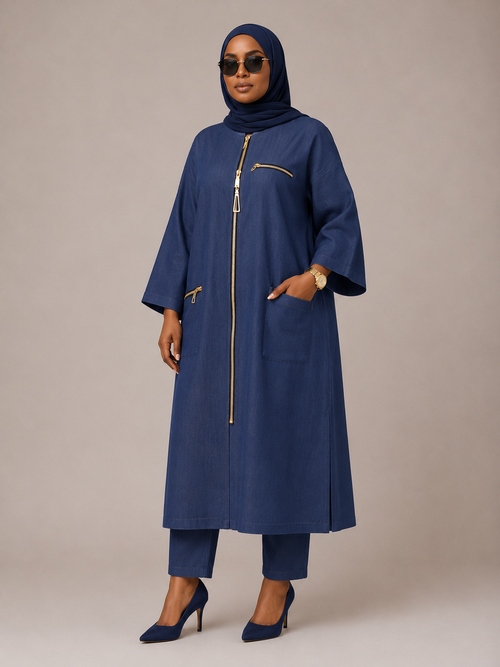 Blue Zip-Front Long Tunic & Pants Set