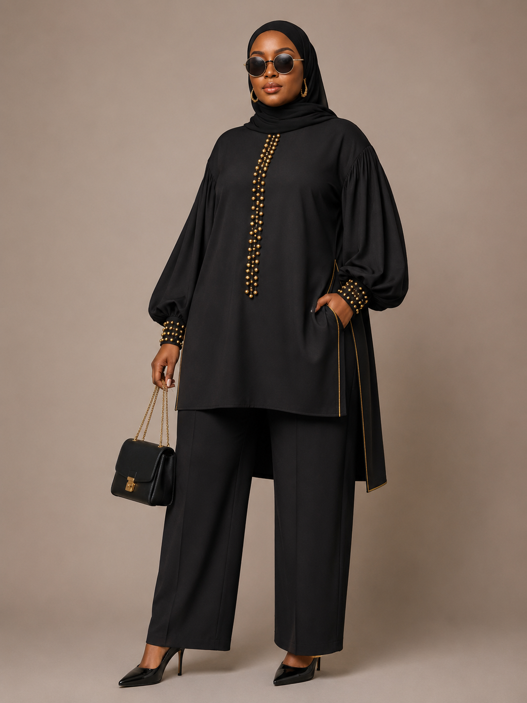 Black Beaded Tunic & Wide-Leg Pants Set