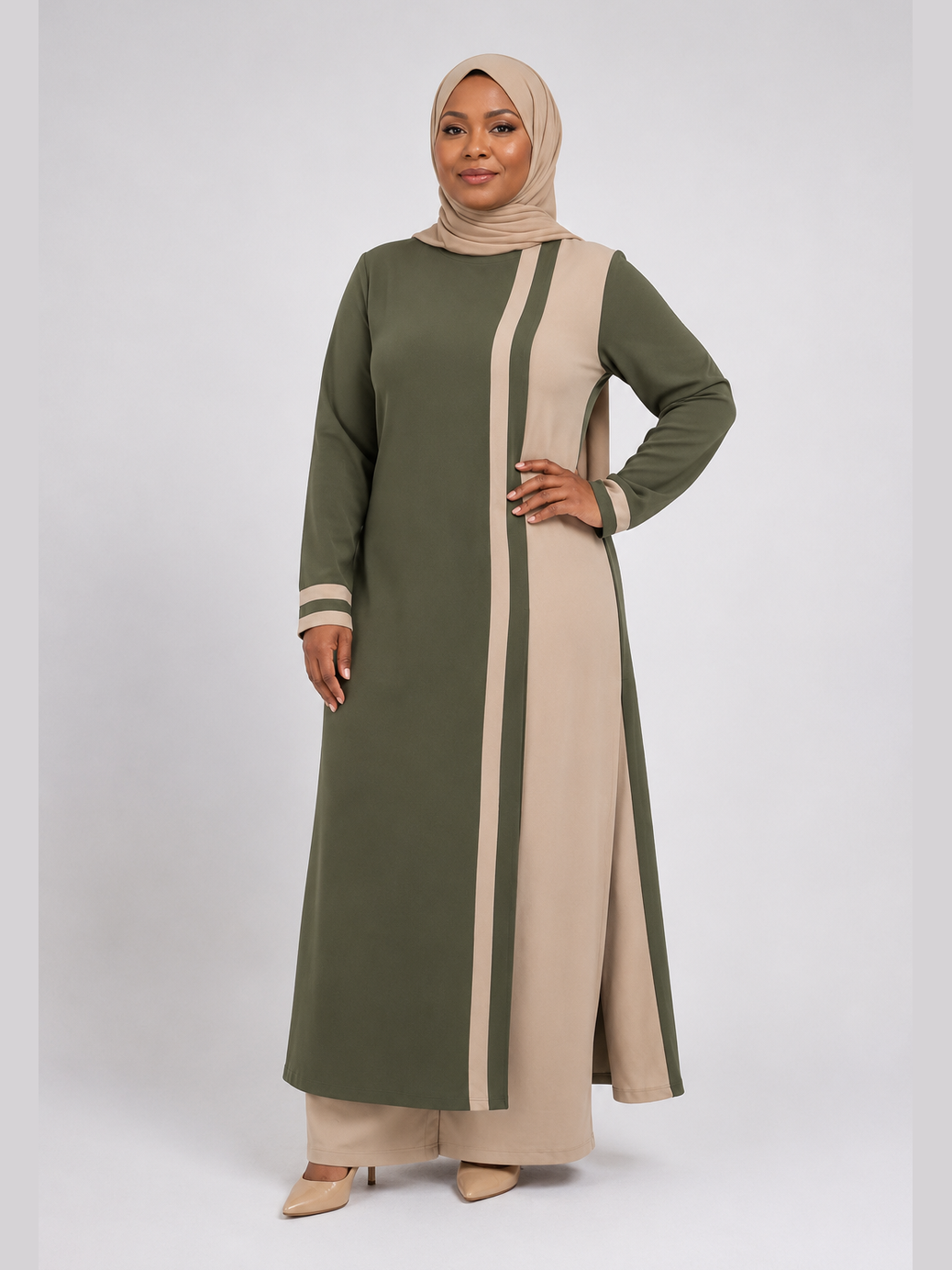 Asymmetric Tunic Top and Pants - Olive / Beige