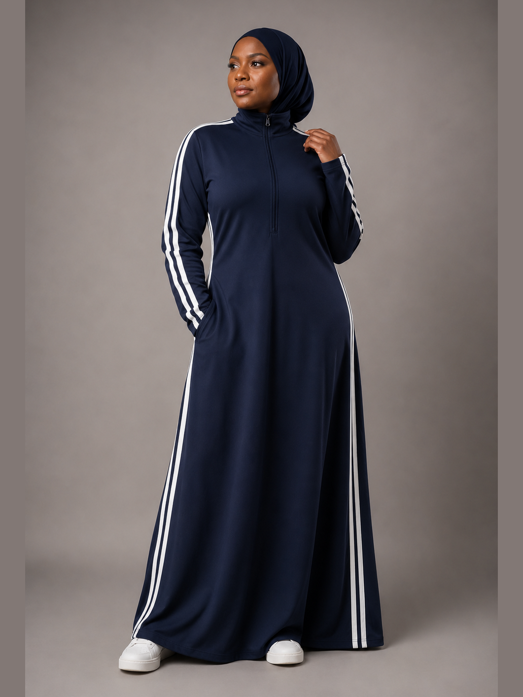 Sporty Zip-Neck Maxi Dress - Navy