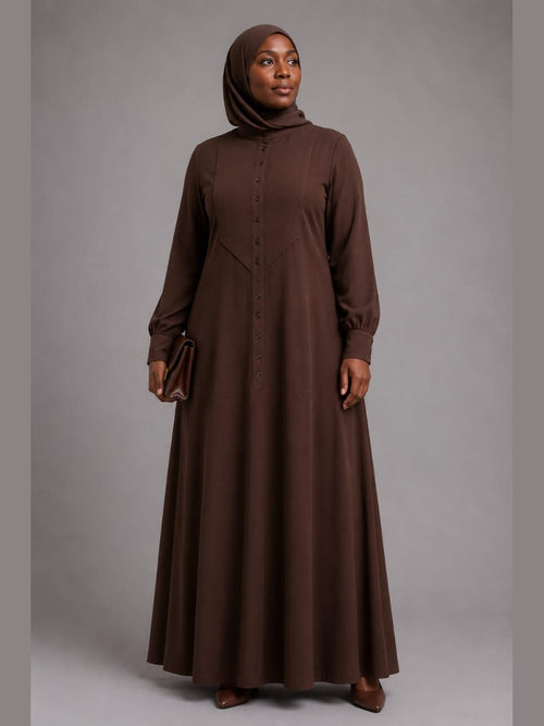 Button-Front A-Line Abaya Dress (Brown)