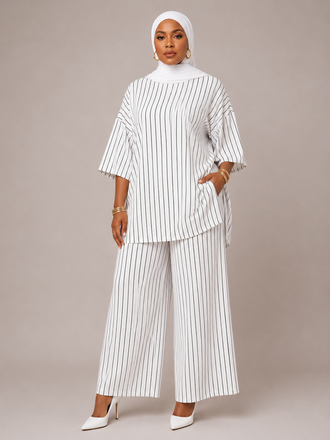 White Pinstripe Relaxed Top & Pants Set