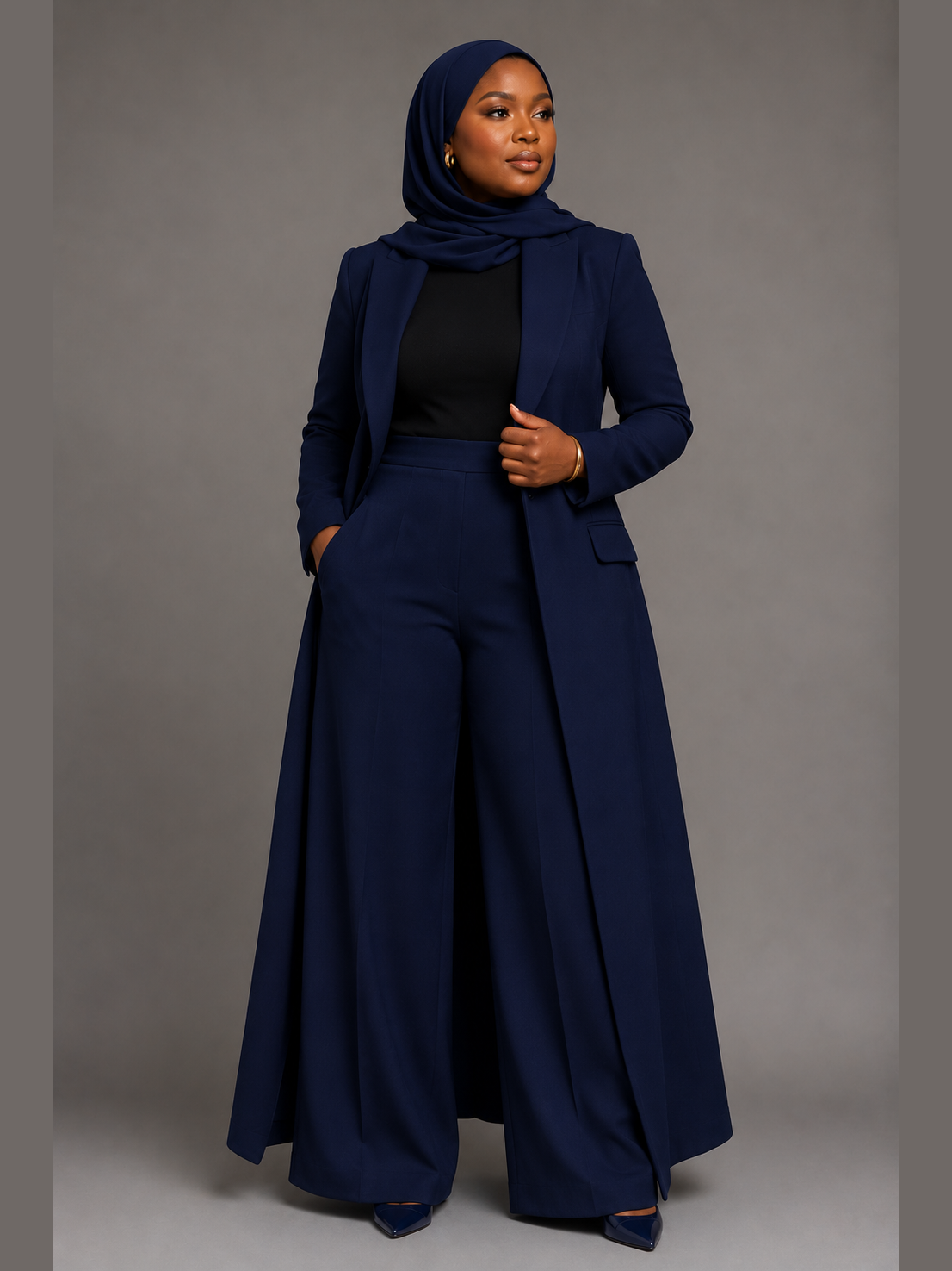 Long Open-Front Top and Wide-Leg Pants - Navy