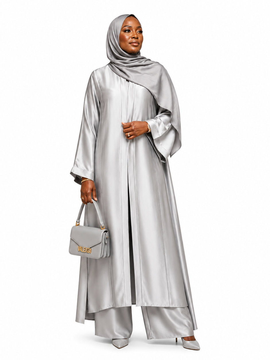 Satin Long Top and Pants - Silver Grey