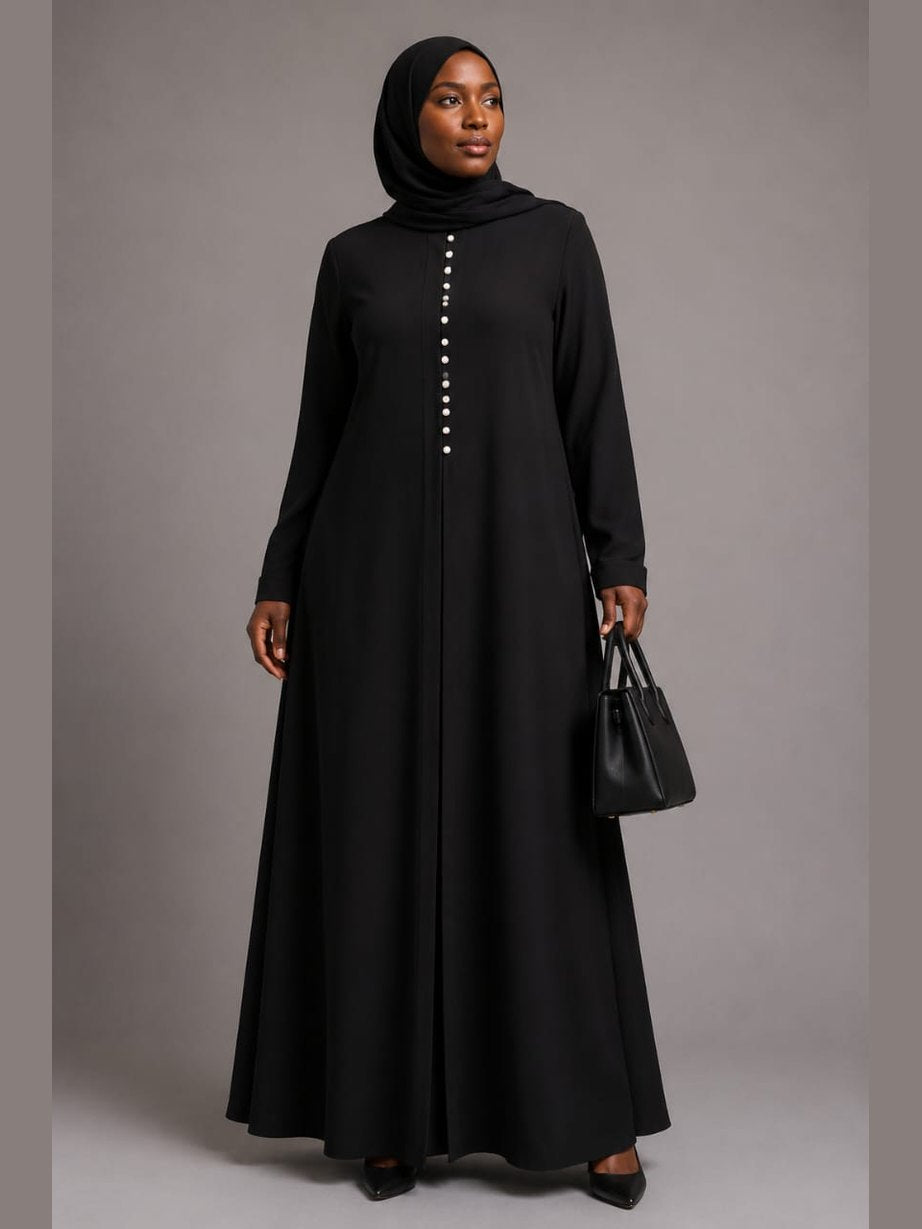 Pearl-Button A-Line Abaya Dress