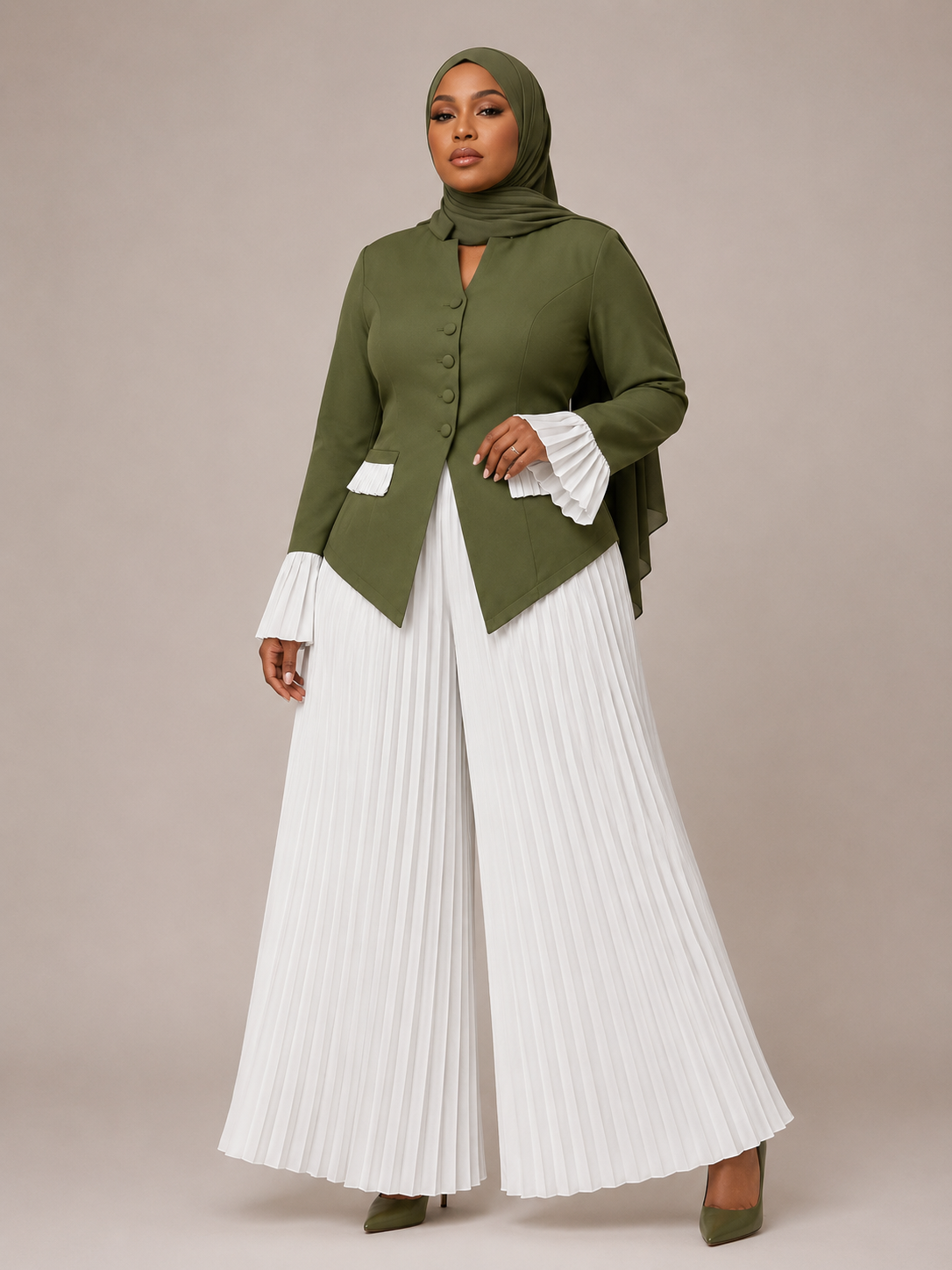 Olive Pleated Wide-Leg Jacket Set