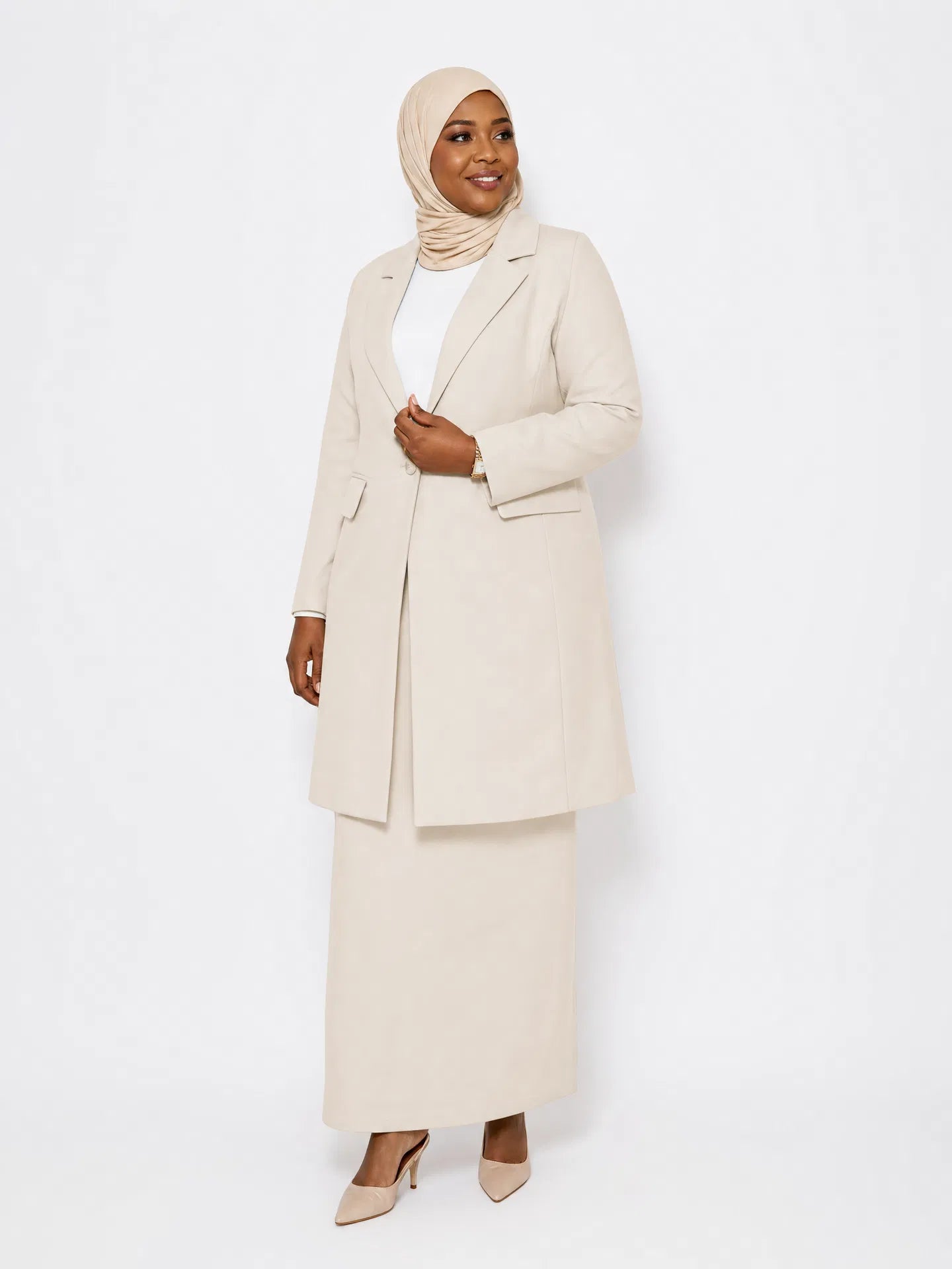 Elegant Long Blazer Coat & Maxi Skirt Ensemble - Beige