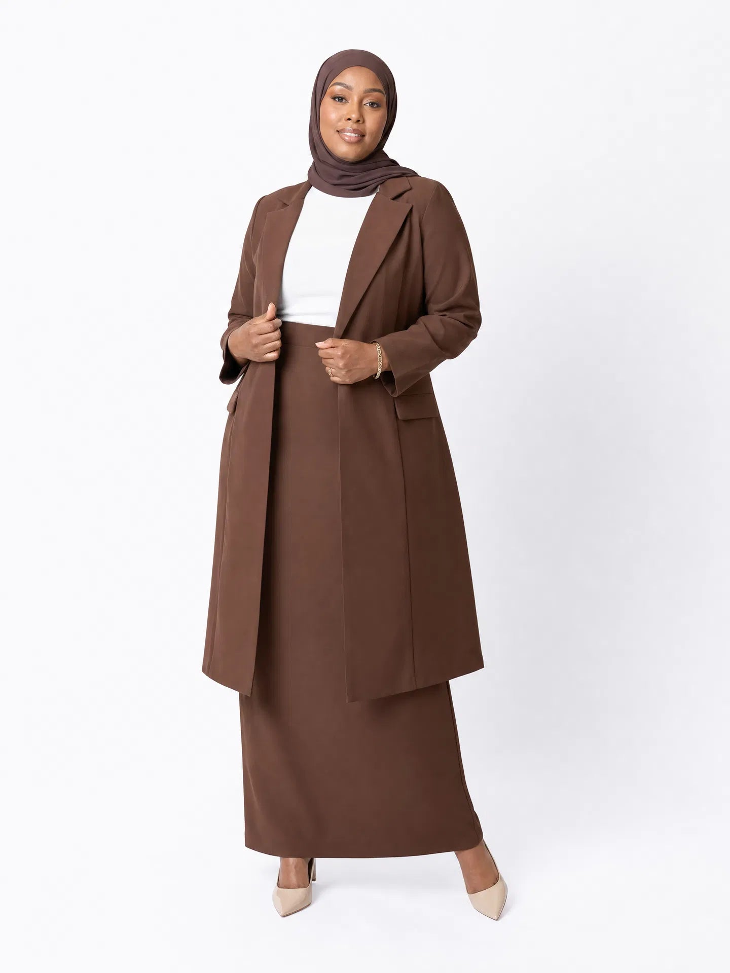 Elegant Long Blazer Coat & Maxi Skirt Ensemble - Brown