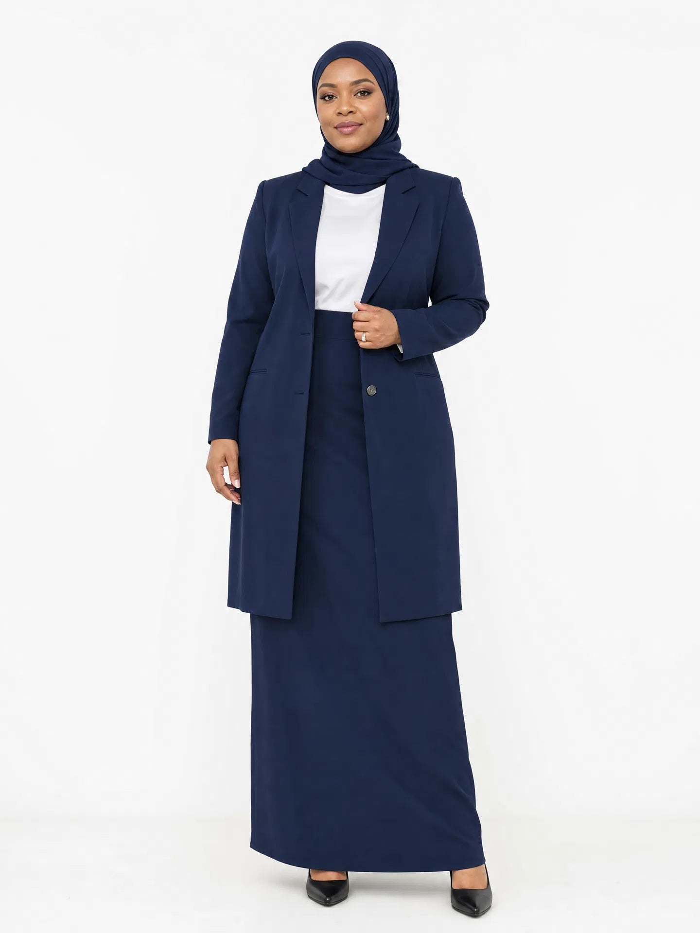 Elegant Long Blazer Coat & Maxi Skirt Ensemble - Navy