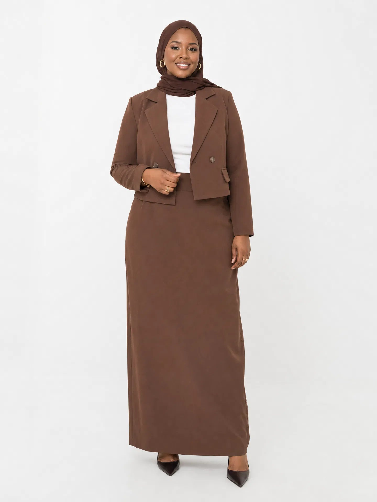 Structured Short Blazer & Maxi Skirt Set - Brown