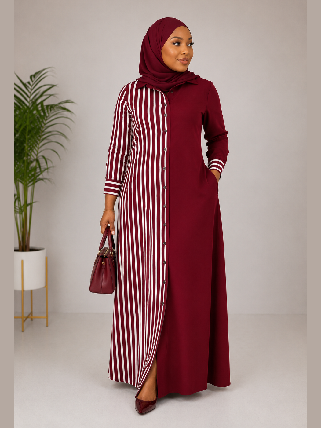 Striped Shirt Dress - Burgundy