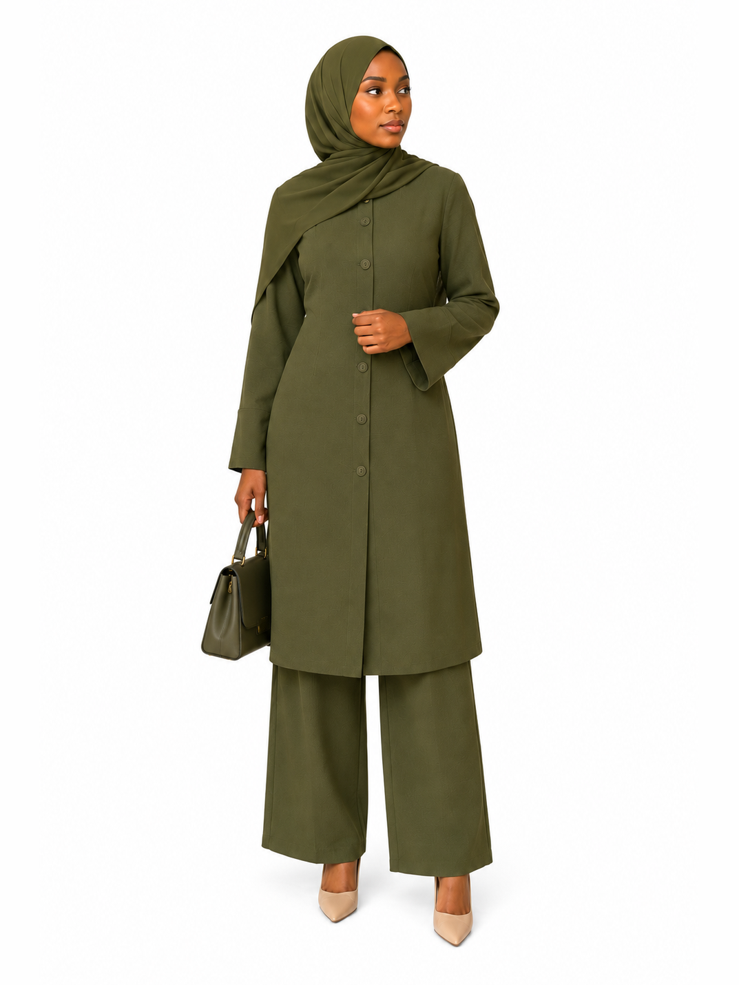 Button-Front Tunic Top and Pants - Olive