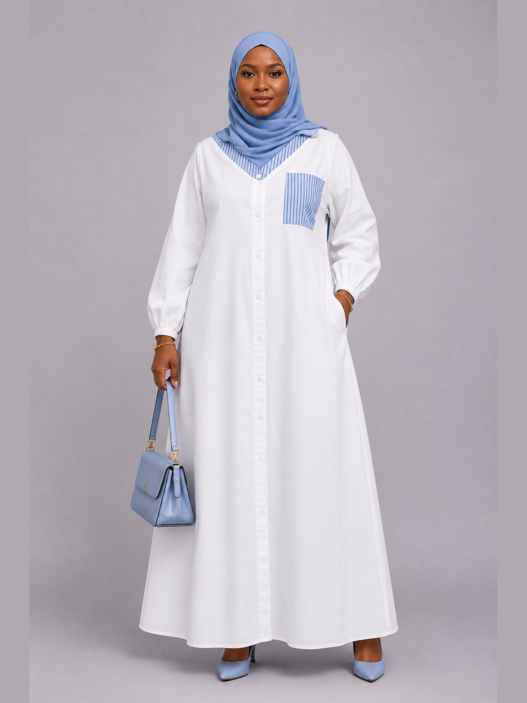 White & Blue Contrast Collar Maxi Dress