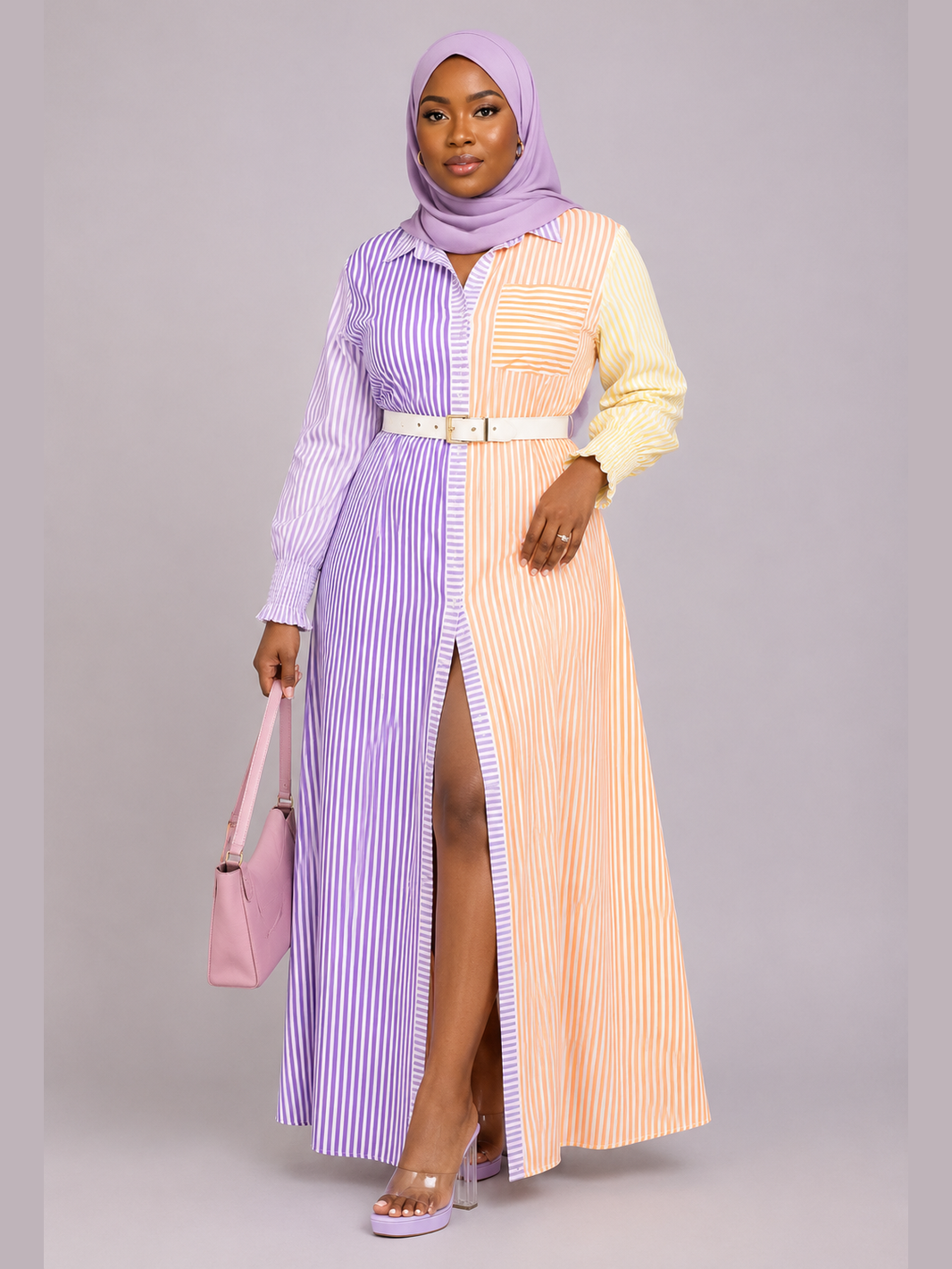 Lilac & Peach Colourblock Stripe Maxi Dress