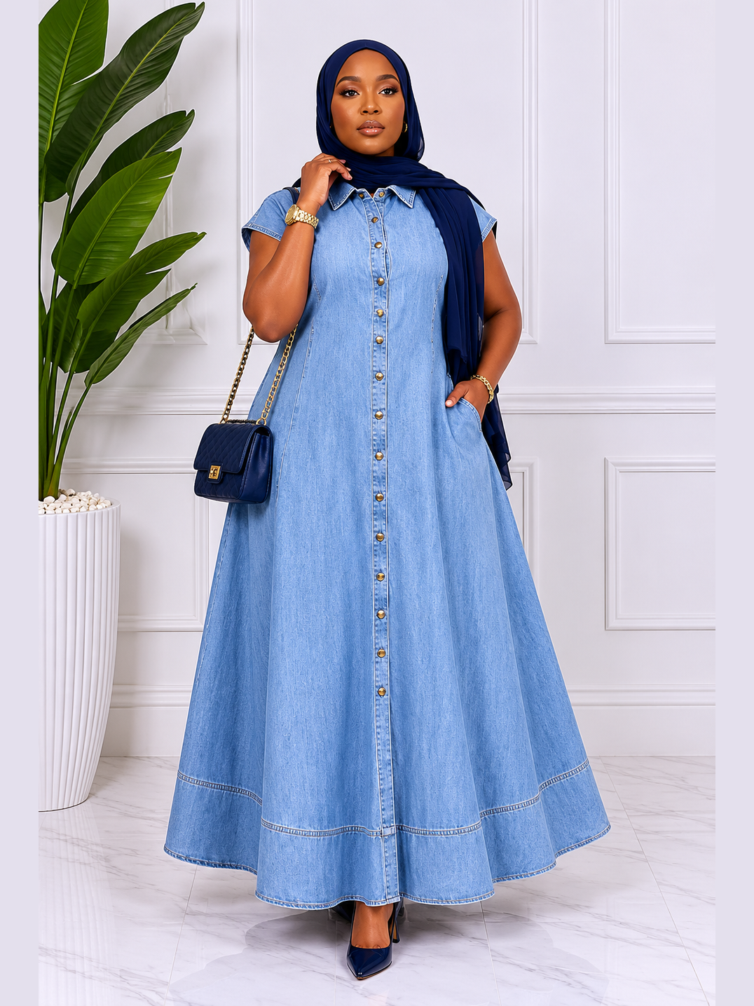 Light Denim Cap-Sleeve Maxi Dress