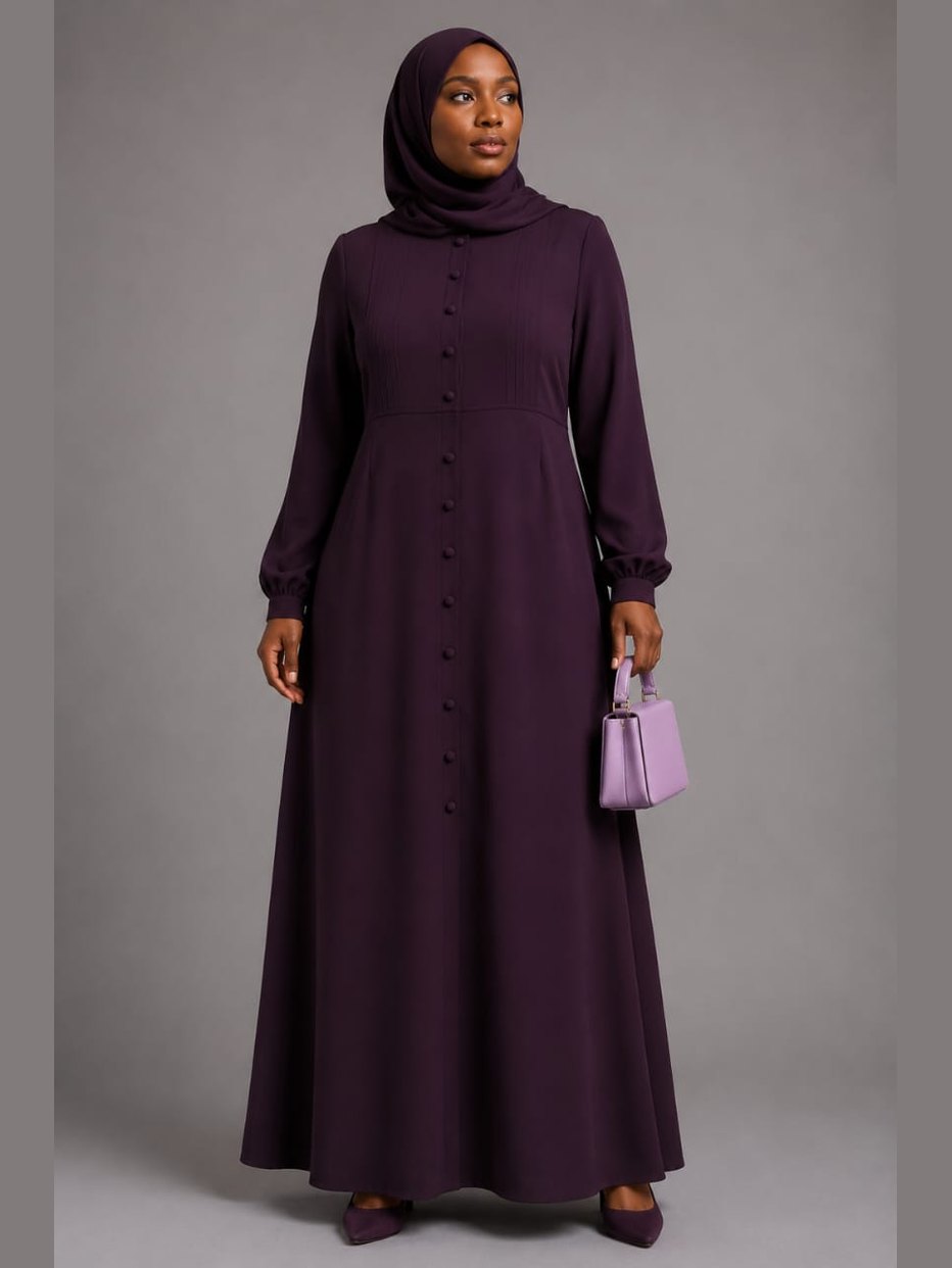 Button-Front A-Line Abaya Dress (Plum)