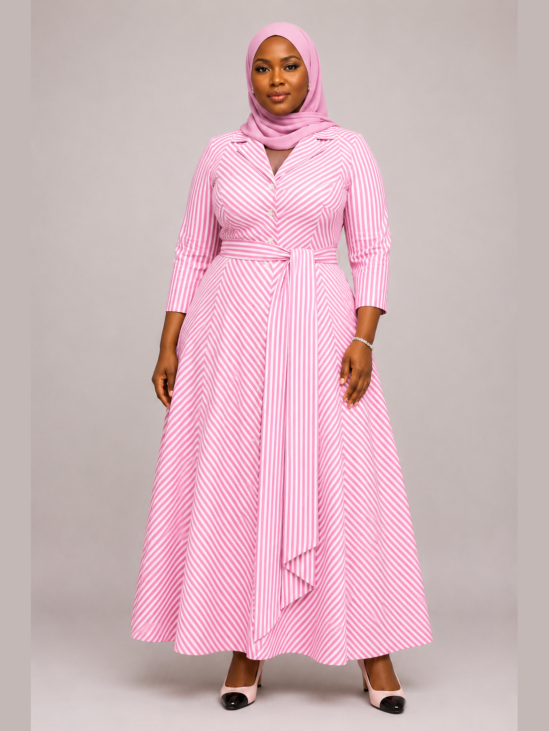 Pink Stripe Wrap-Belt Maxi Dress