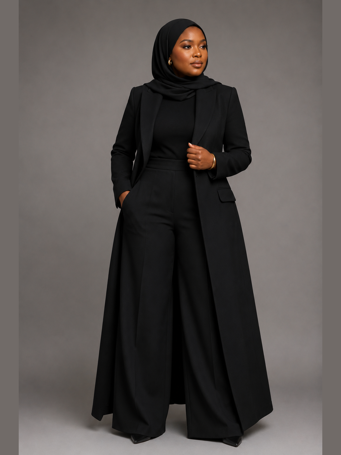 Long Open-Front Top and Wide-Leg Pants - Black