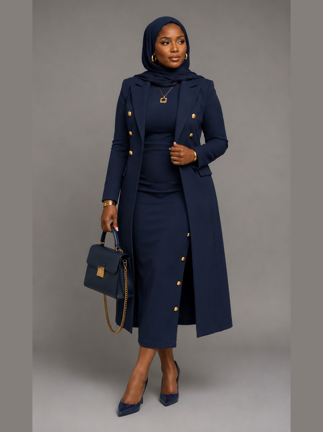 Long Double-Breasted Blazer with Skirt - Navy