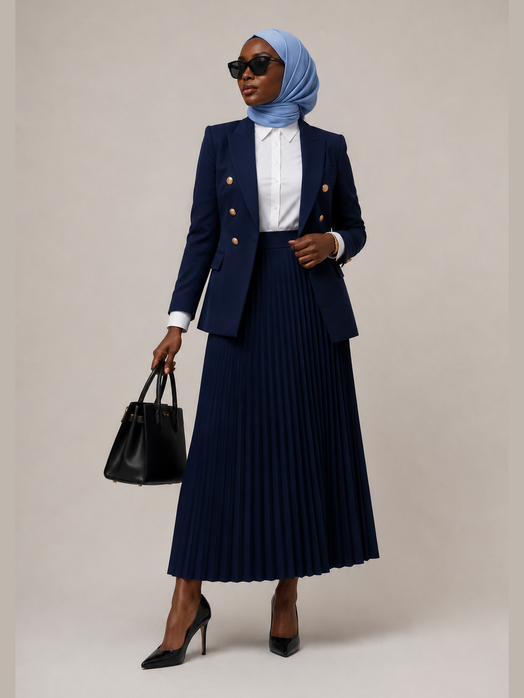 Double-Breasted Blazer with Skirt - Navy