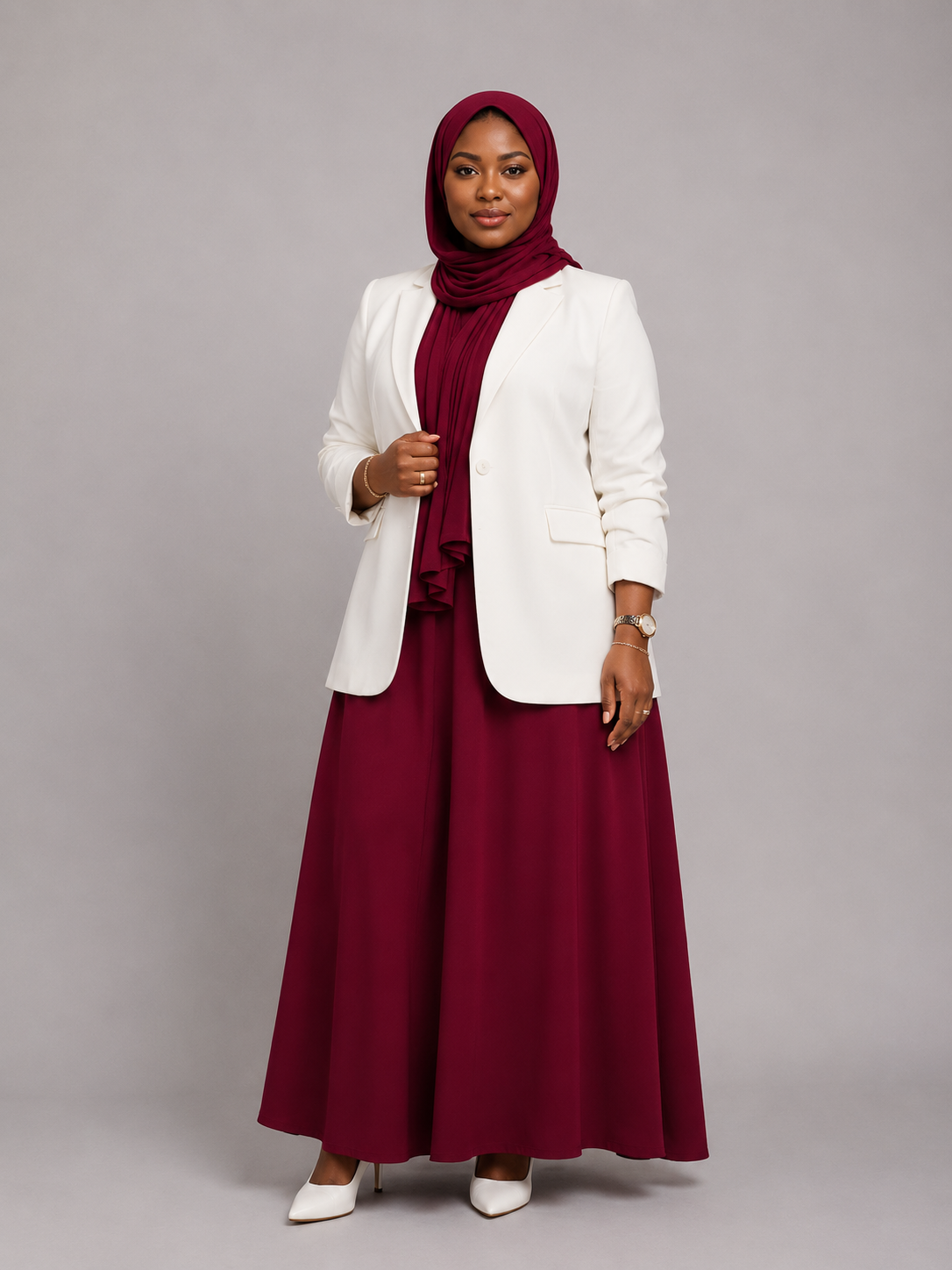 White Blazer with Maxi Dress - White / Burgundy