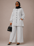 White Pinstripe Button-Front Top & Pants Set