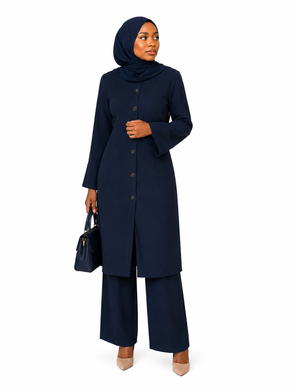 Button-Front Tunic Top and Pants - Navy