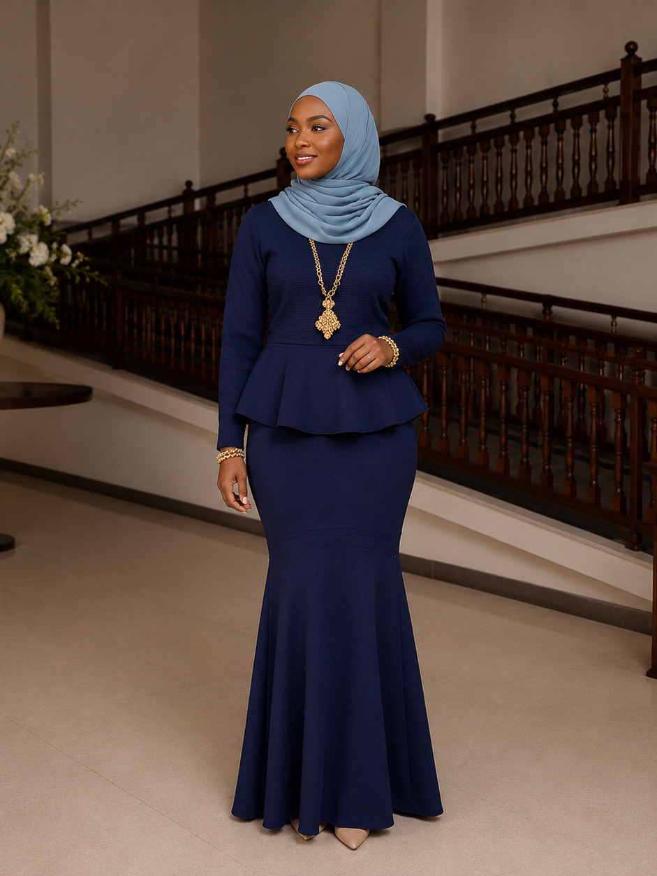Navy Peplum Top & Mermaid Maxi Skirt Set