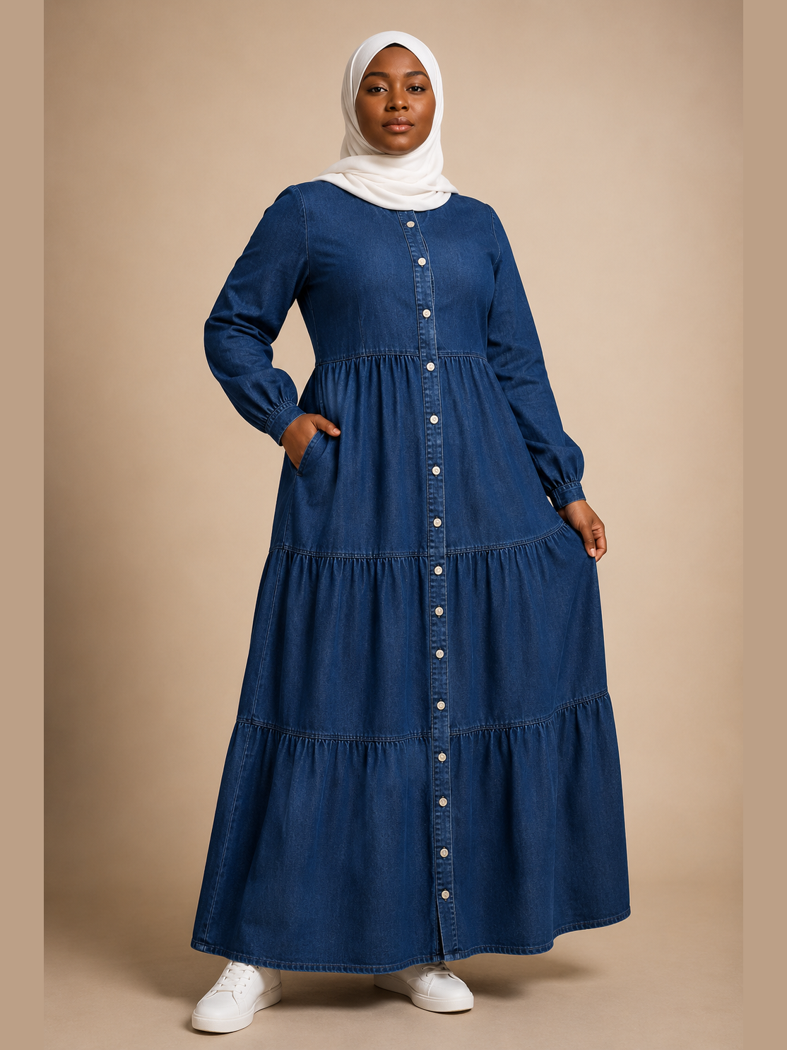 Tiered Denim Button-Front Maxi Dress