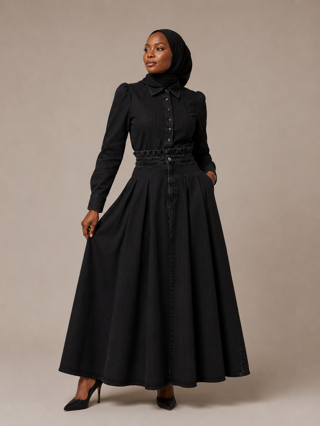 Button-Front Maxi Dress - Black