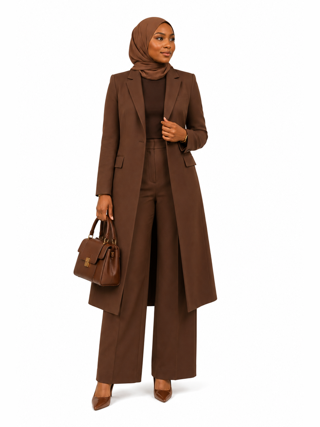 Long Open Blazer and Pants - Brown