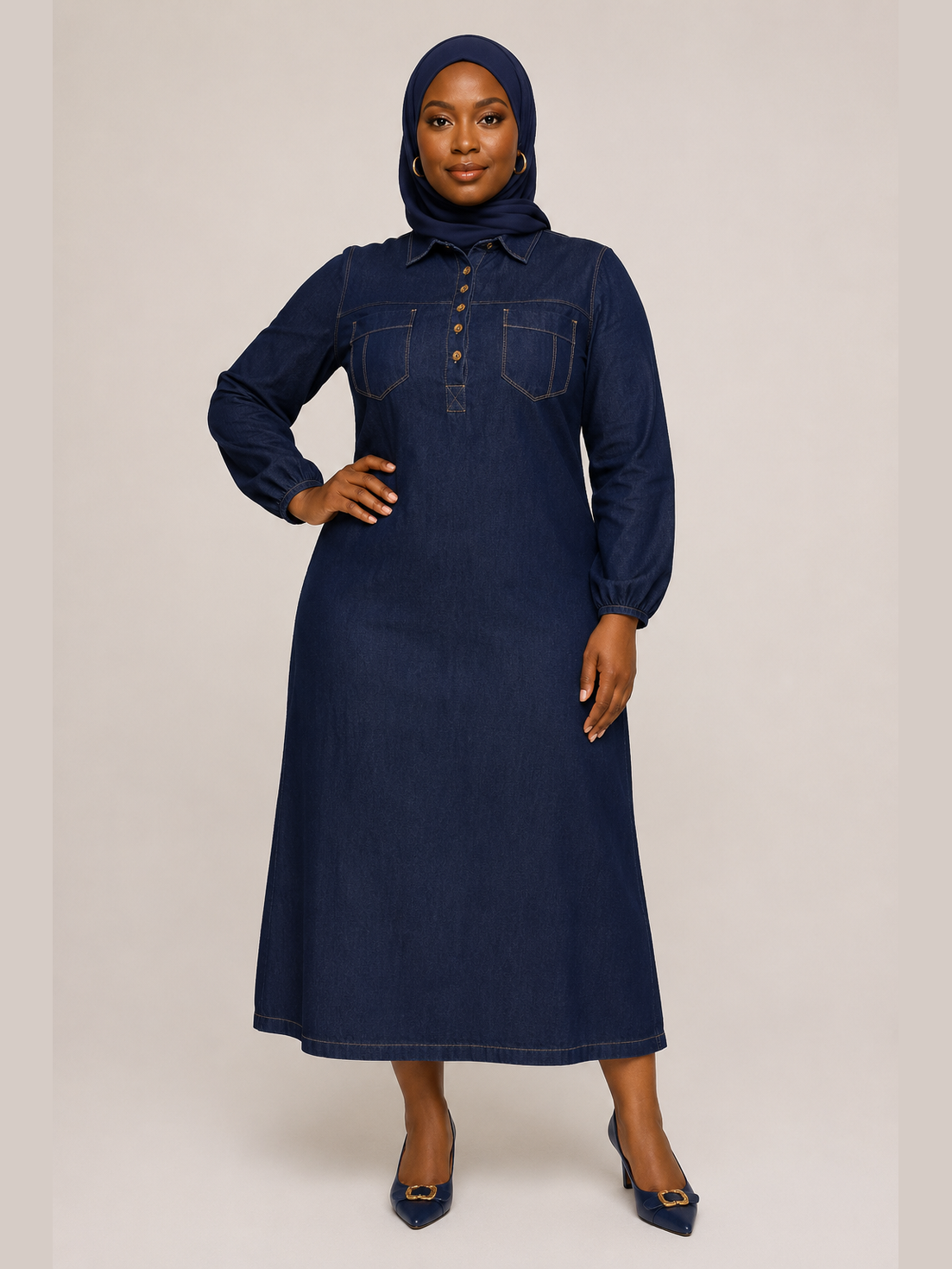 Dark Denim Straight-Cut Midi Dress