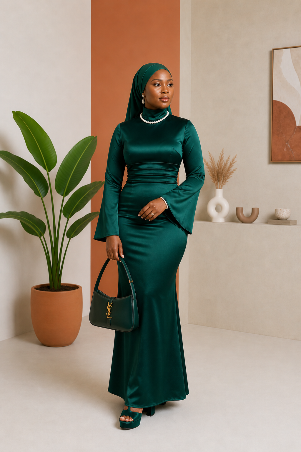 Satin Bell-Sleeve Fitted Maxi Dress