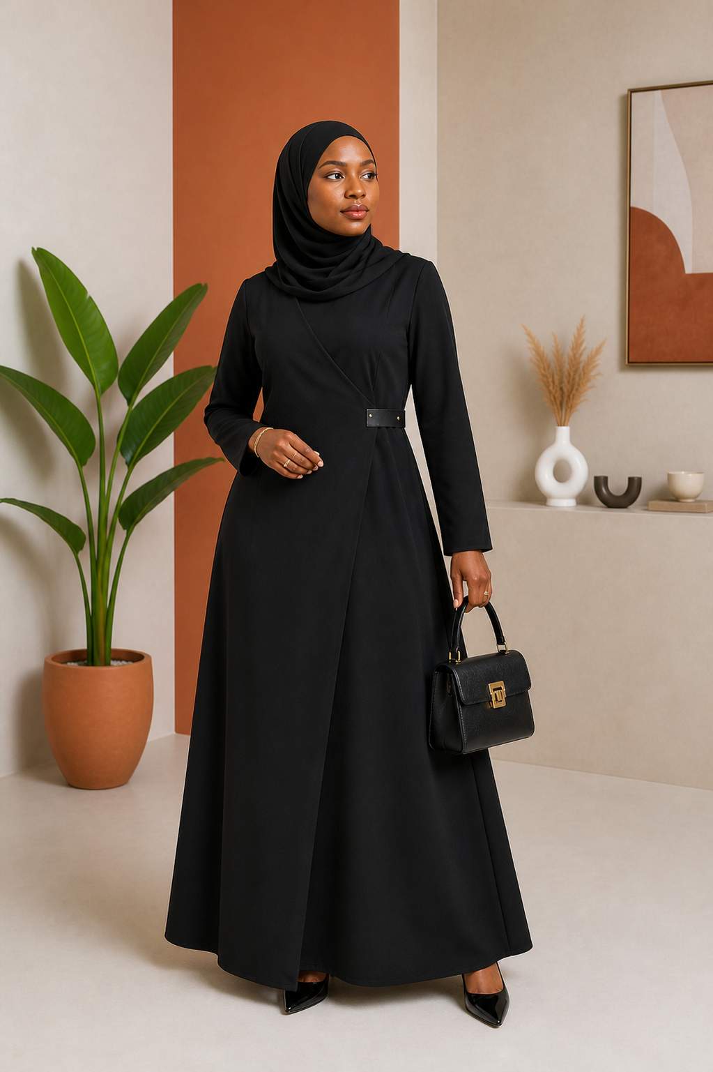 Wrap-Front Belted A-Line Abaya