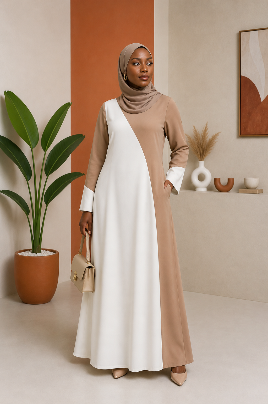 Diagonal Colour-Block A-Line Abaya