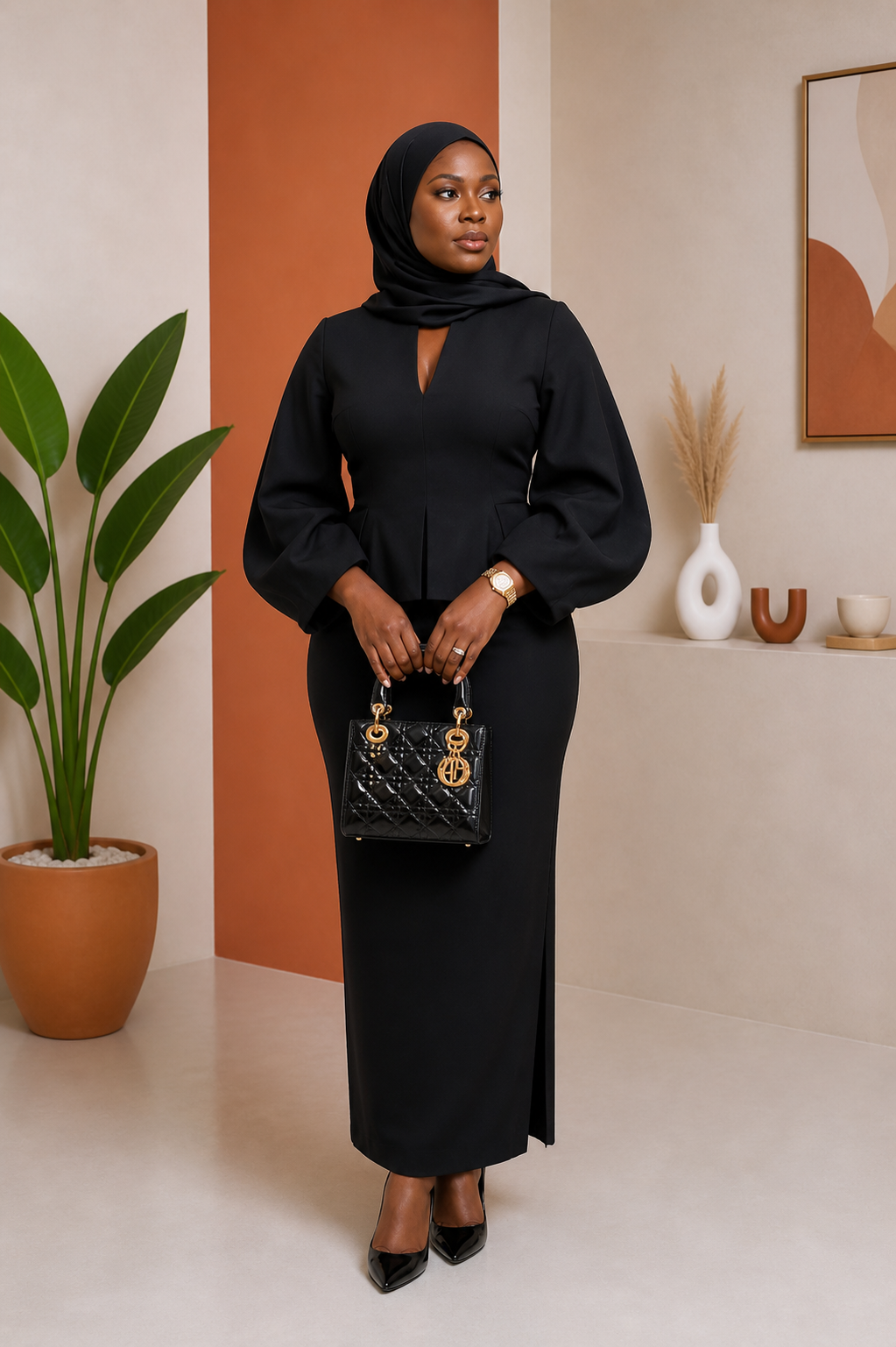 Peplum Balloon-Sleeve Maxi Dress