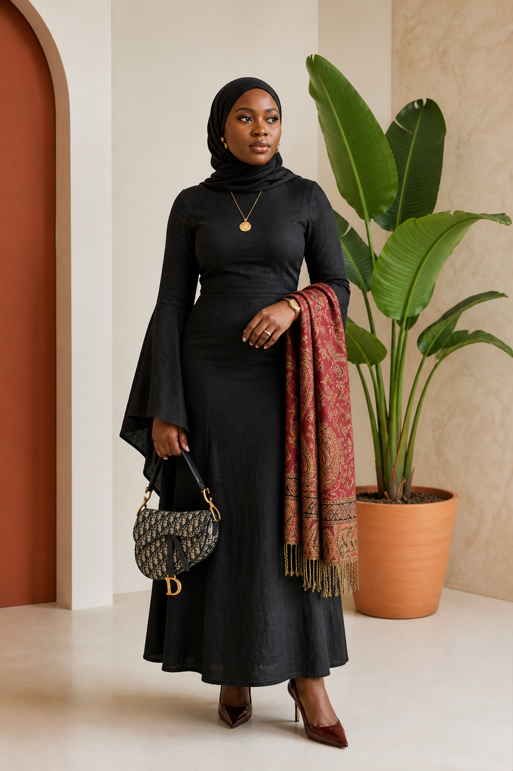 Bell-Sleeve Linen-Look Maxi Dress