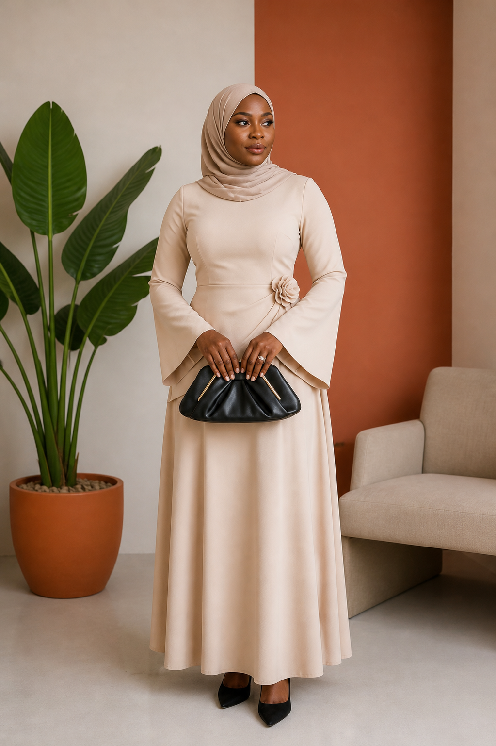 Rose-Brooch Bell-Sleeve A-Line Dress
