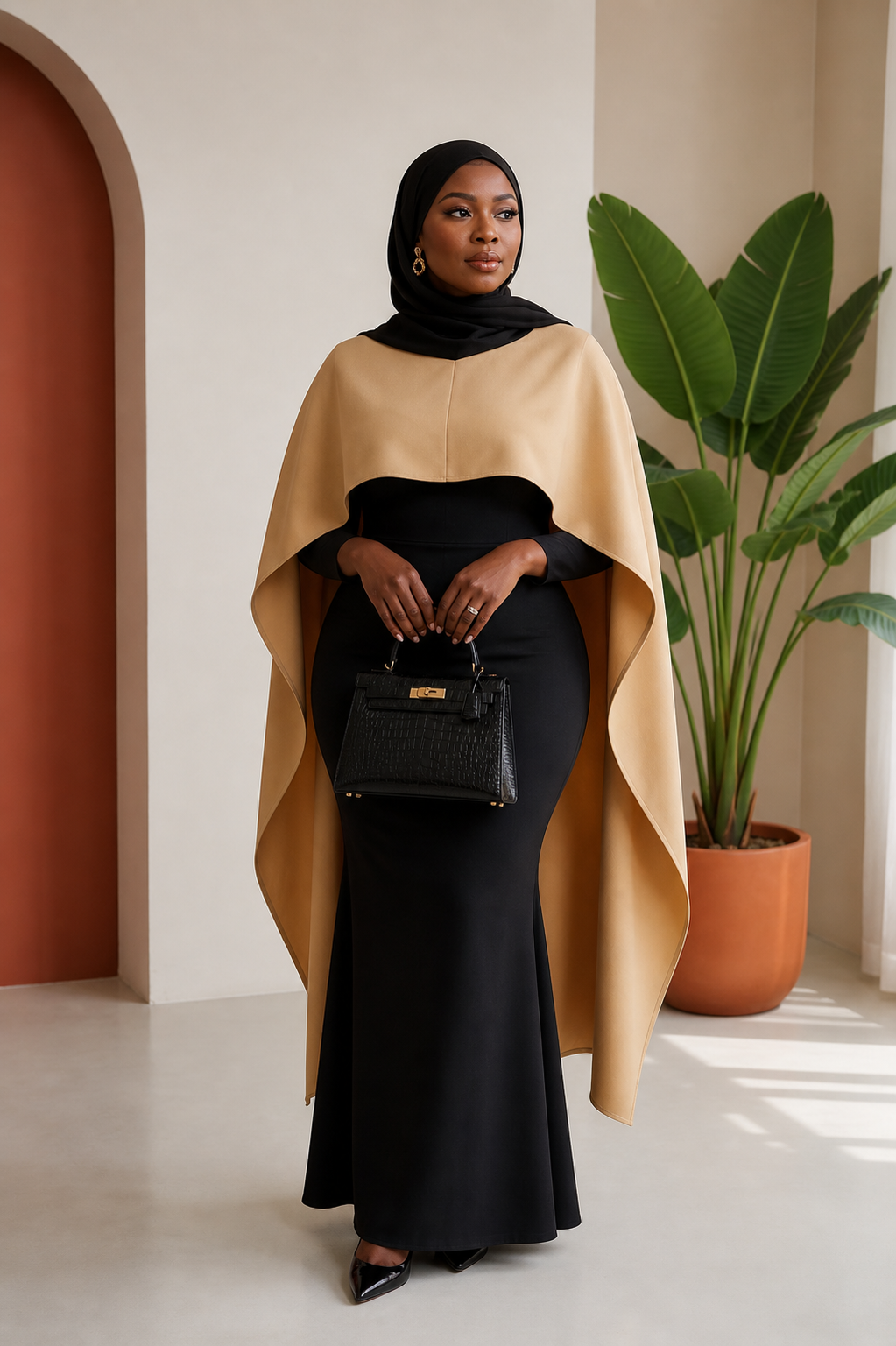 Contrast Cape-Top Mermaid Dress