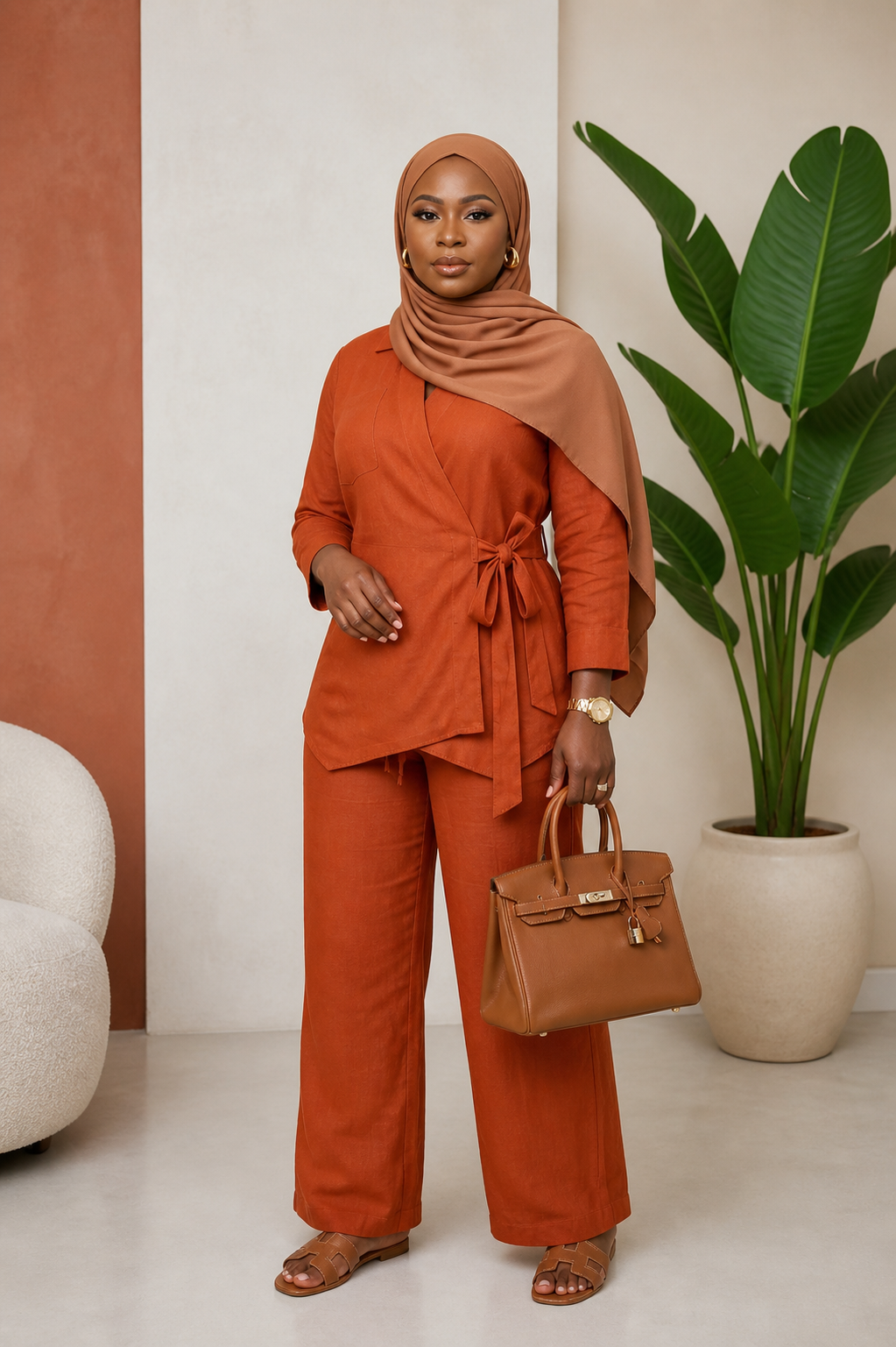 Linen Wrap-Front Tie-Waist Wide-Leg Co-ord