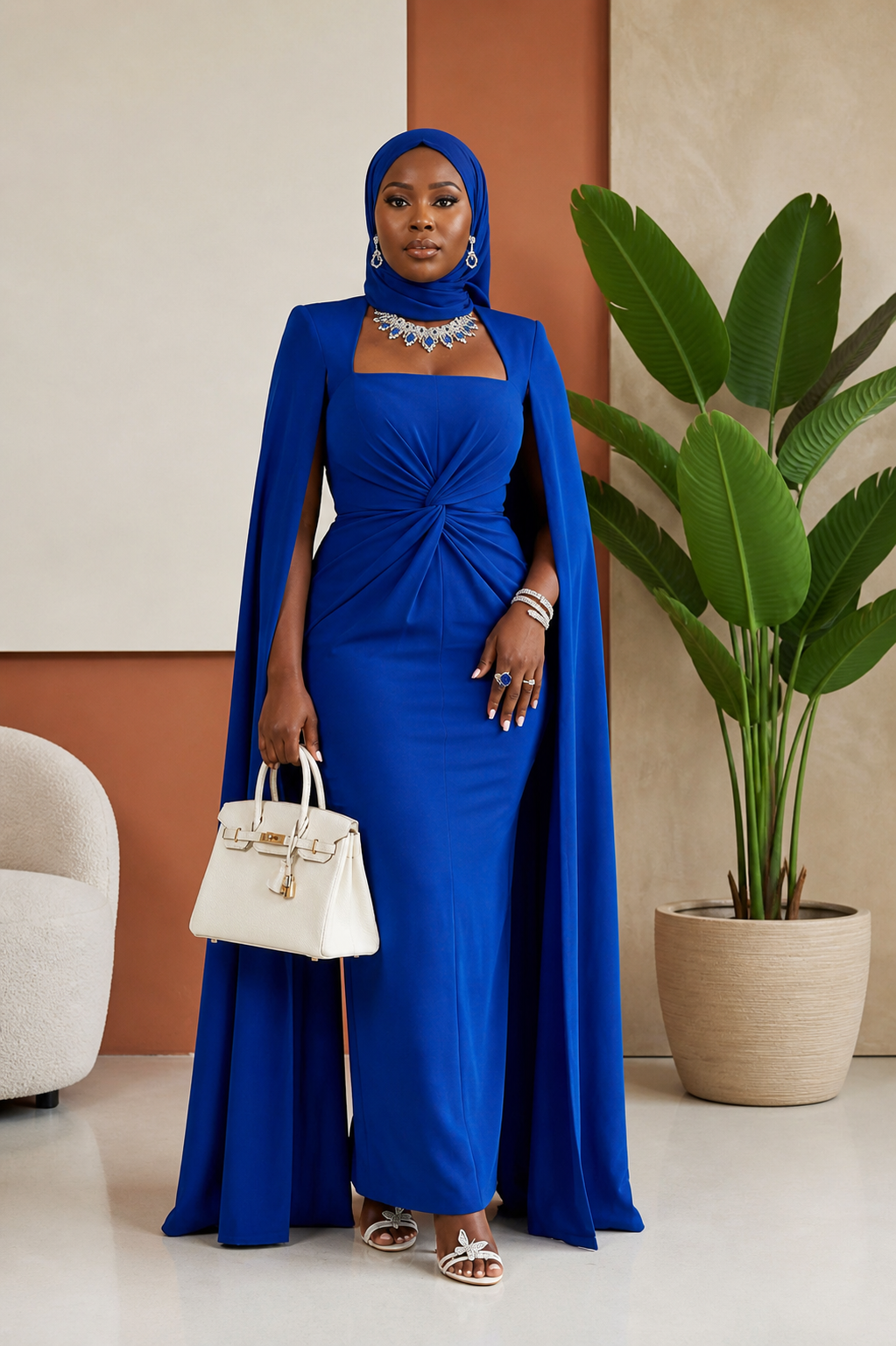 Cape-Sleeve Ruched Mermaid Evening Gown