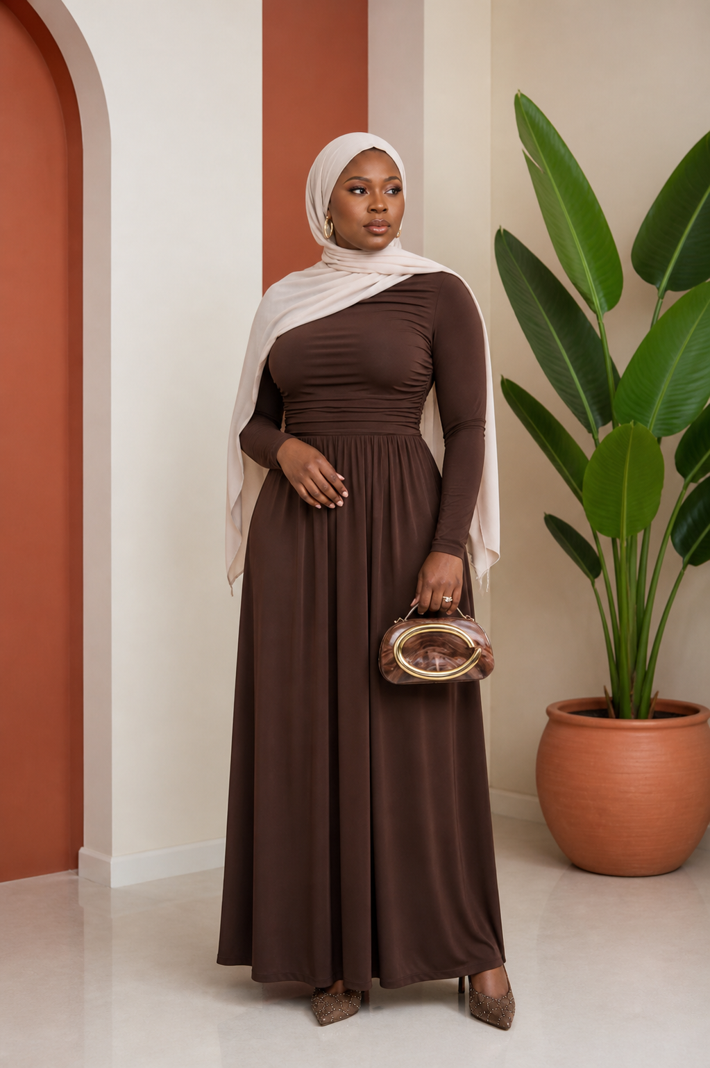 Ruched-Waist A-Line Maxi Dress