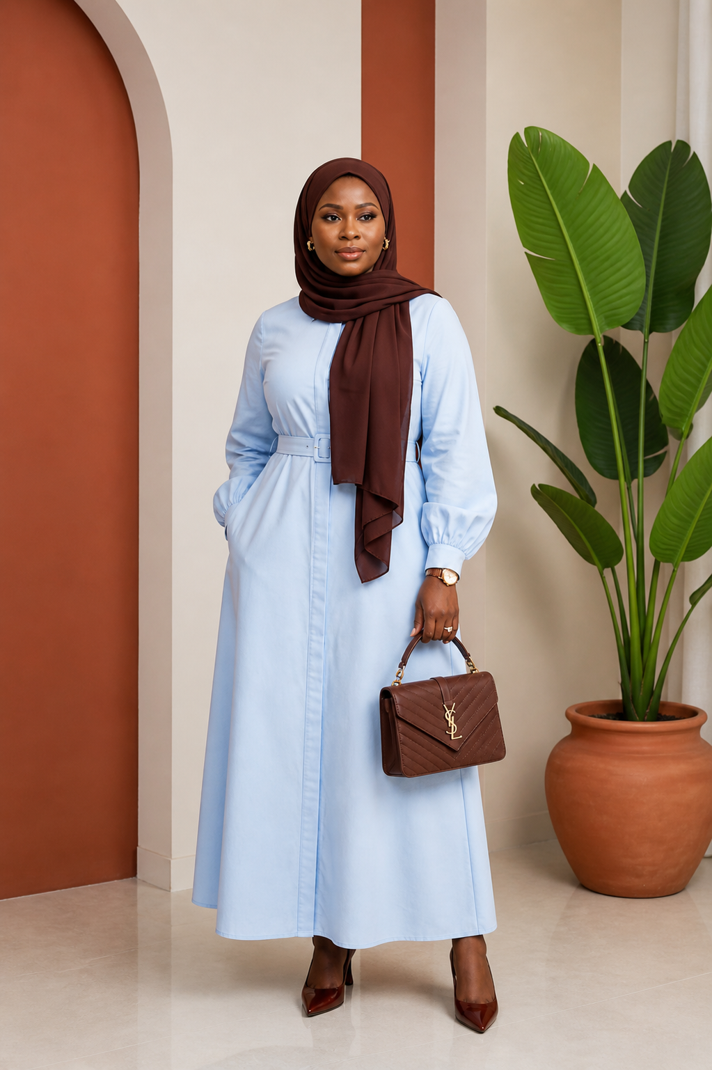 Belted Button-Front Maxi Shirt Dress