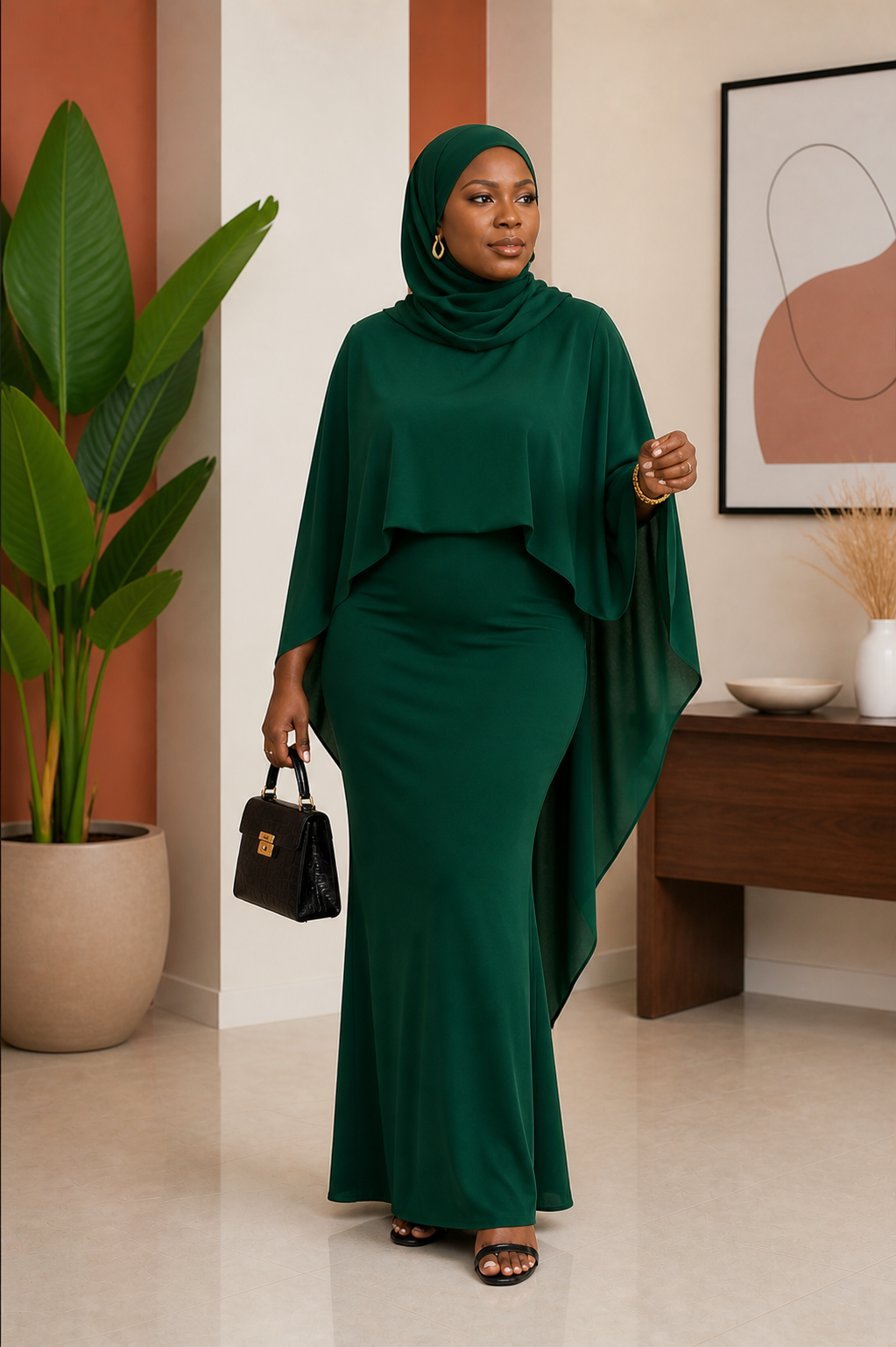 Cape-Sleeve Bodycon Mermaid Maxi Dress