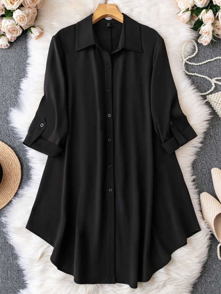 Dream Skyne Plus Size Solid Woven Long Sleeve Shirt Dress