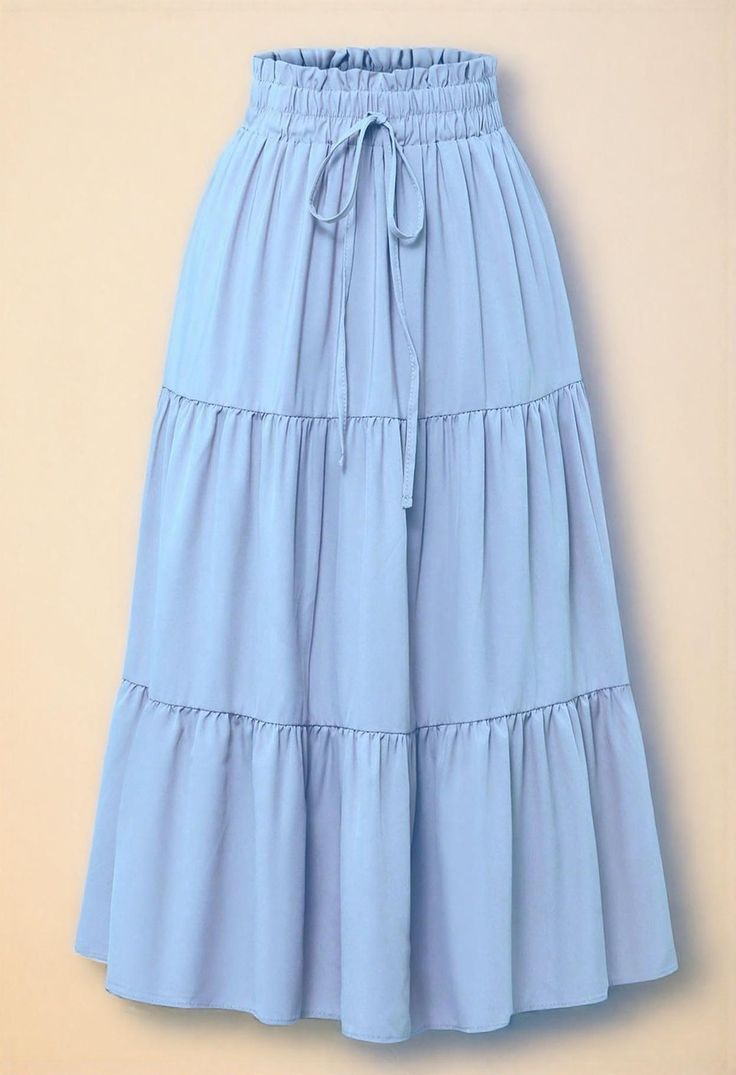 Light Blue Pleated Elastic Waist Vacation Skirt