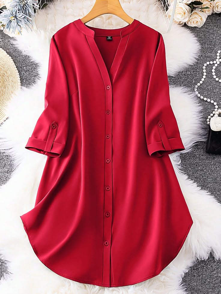 Plus Roll Tab Sleeve Curved Hem Shirt
